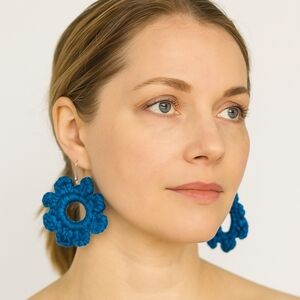 Hand Crafted Crochet Hoop Earrings Gold hardware hypoallergenicTurquoise Blue 2"
